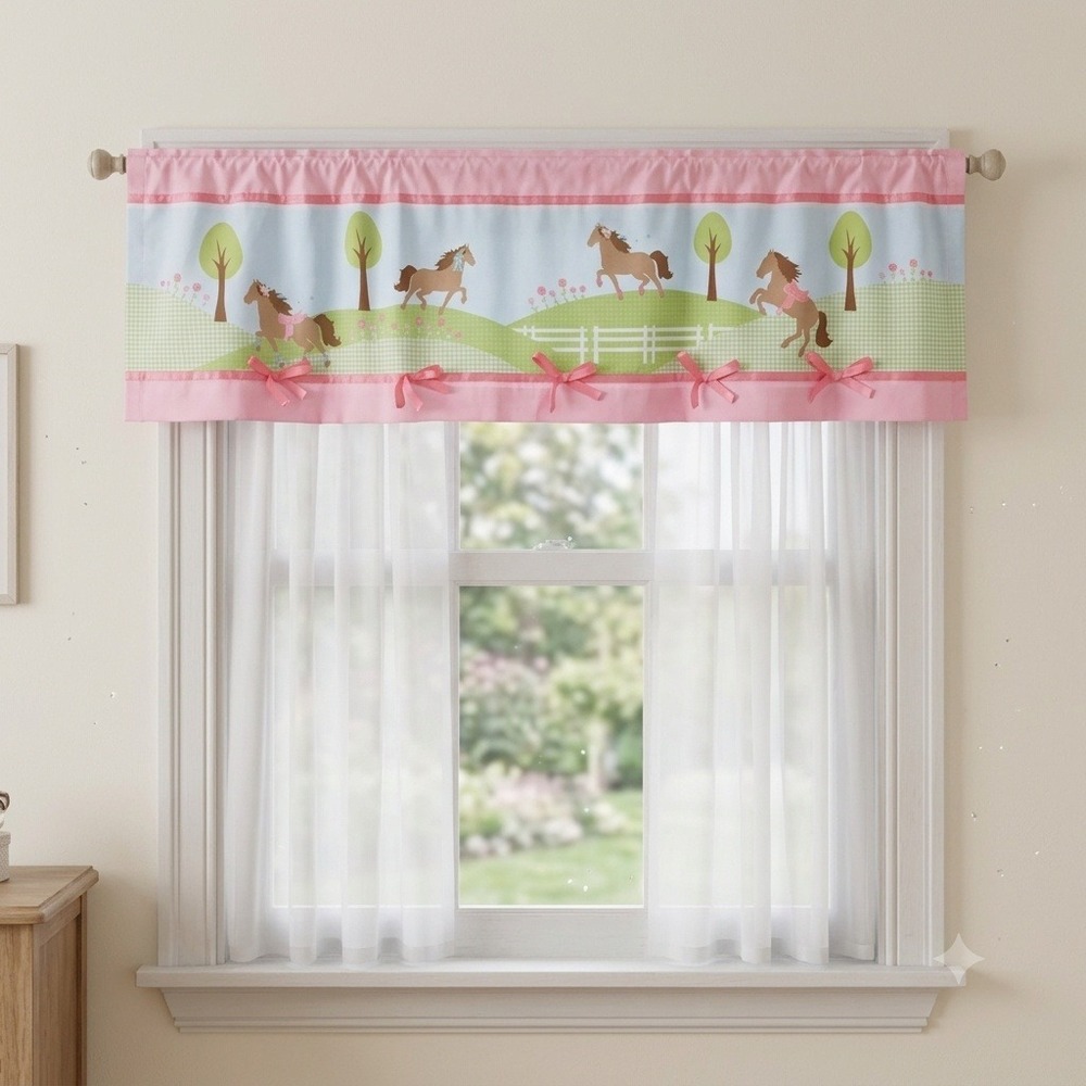 Circo Pretty Horses Window Valance‎ 54x15 Pink Green Gingham Girls Room Decor